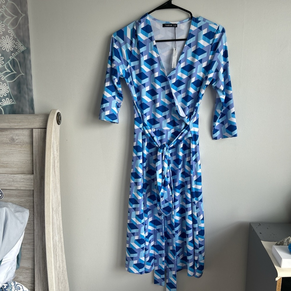 Patty Boutik Geometric Blue Wrap Dress New
